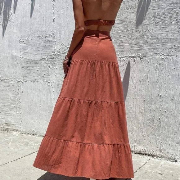 Burnt Orange Casual Womens Cut Out Crisscross Ruffle Hem Backless Halter Dress - Picture 3 of 5